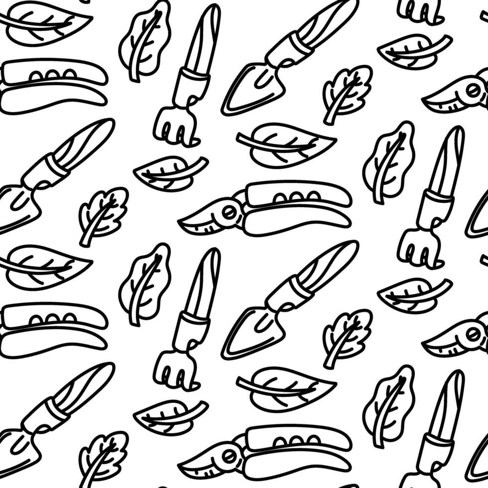 pattern of doodle-style plant care items. Pruning shears, a rake, a shovel, and leaves. Monochrome texture. It is suitable for creating gardening blogs, gardening products, and educational materials. vector