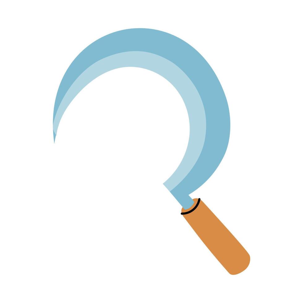 iron sickle for cutting grass, an ear, insulated. An item for harvesting. Gardening tools. It is suitable for ecology, garden, cleaning, household, packaging, instructions, educational and infographic vector