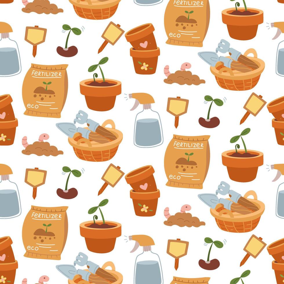 pattern for planting plants in garden. Seedlings, worms in the ground, shovel, earth, worms, spray bottle, seeds. Flat color illustration in texture. Suitable for gardening blogs, packaging of garden vector