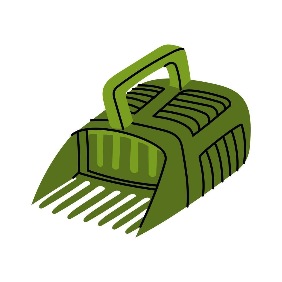 Plastic harvesting of forest and garden berries is insulated green. Gardening tools. Suitable ecology, gardening, cleaning, household, packaging, instructions, educational, infographic materials vector