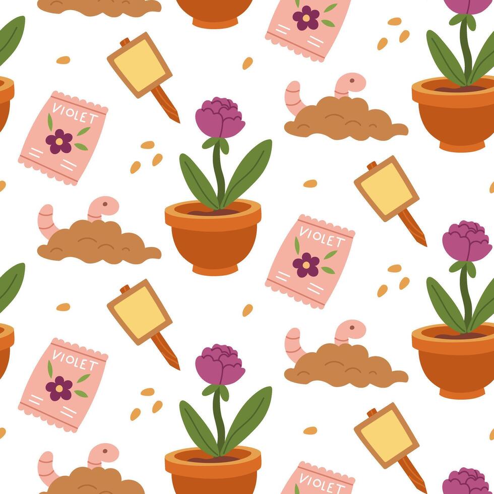 pattern of planting indoor plants. Clay pot, soil, worms, earth, seeds, tablet. a houseplant. The texture is flowers. Suitable postcards, prints, blog design, children's books, packaging design vector