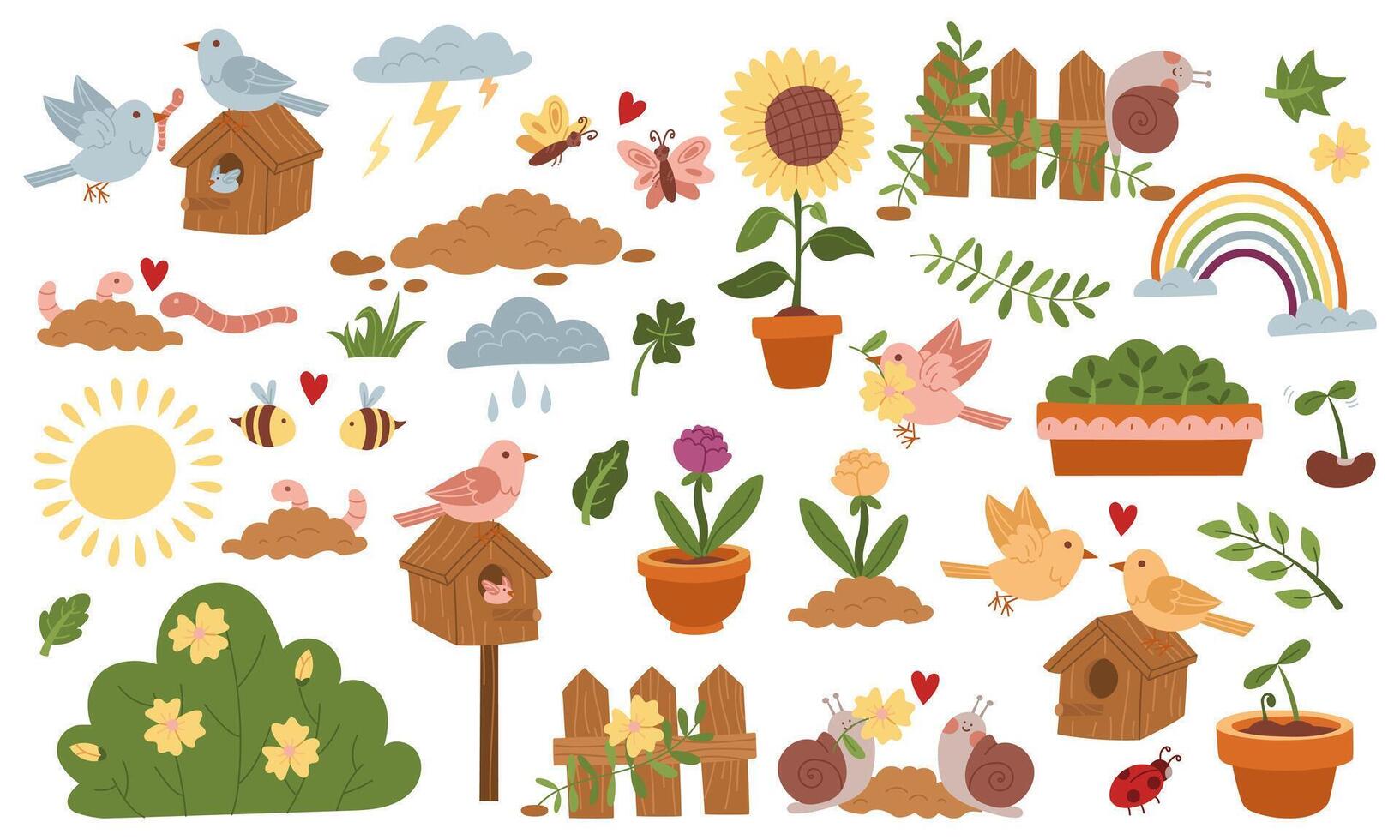 set of flat color illustrations on a spring theme. Spring blooming, dedicated to nature, the love of animals. Nice illustration. It is used in gardening blogs, environmental projects, agriculture vector