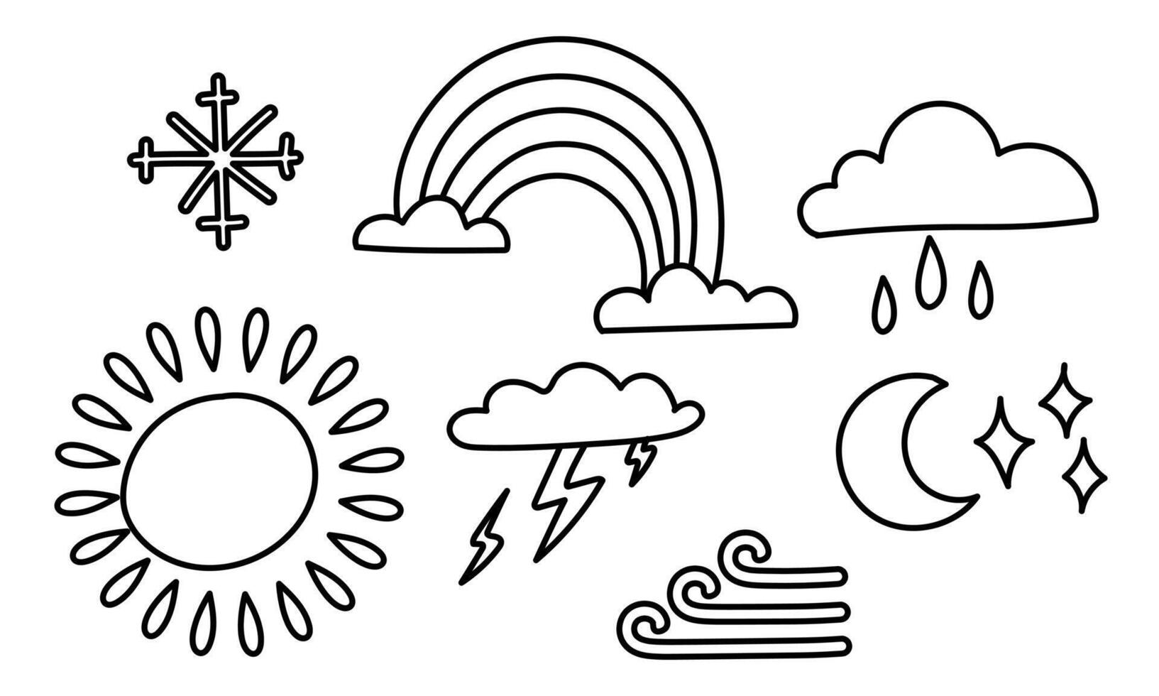 set of weather conditions sun, lightning, clouds, rain, rainbow, snowflake, wind. Doodle monochrome illustration. Beautiful spring, summer weather. Creates a cozy atmosphere. Suitable for decoration vector