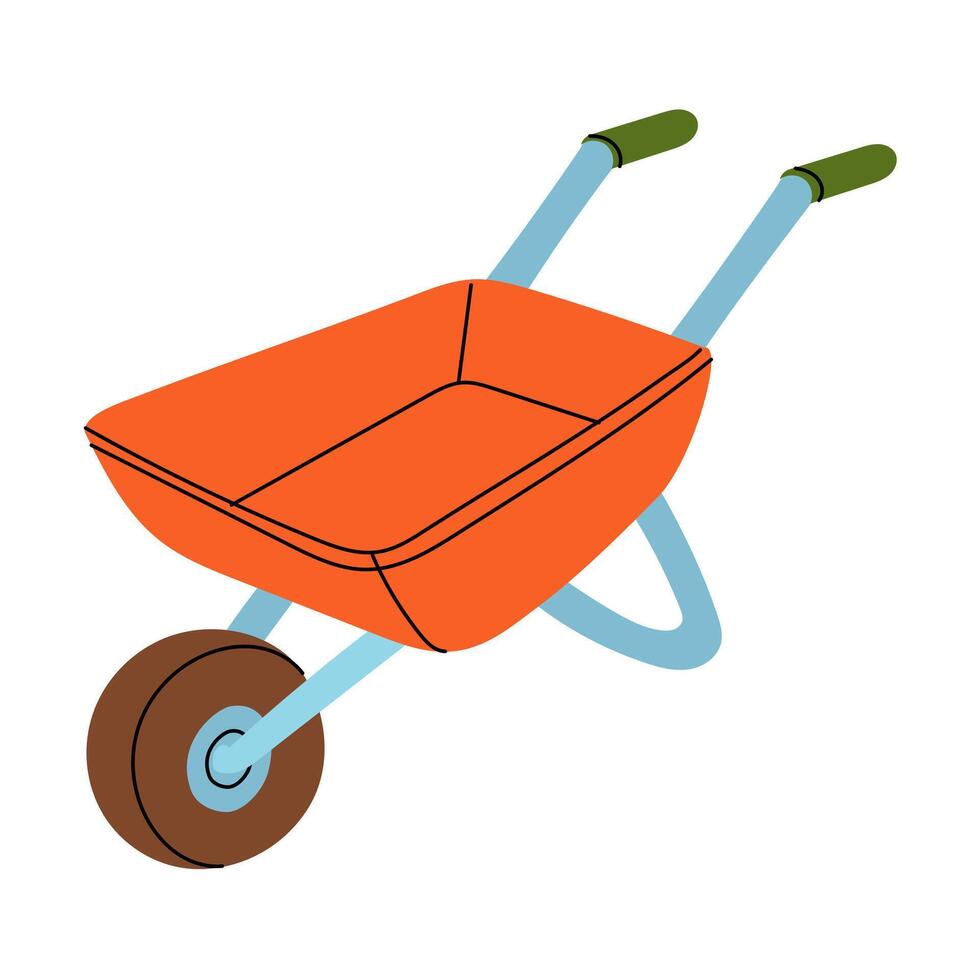 iron wheelbarrow on one wheel, isolated bright orange illustration. An item watering crops. Gardening tools. Suitable for ecology, garden, cleaning, household, packaging design, infographic materials vector