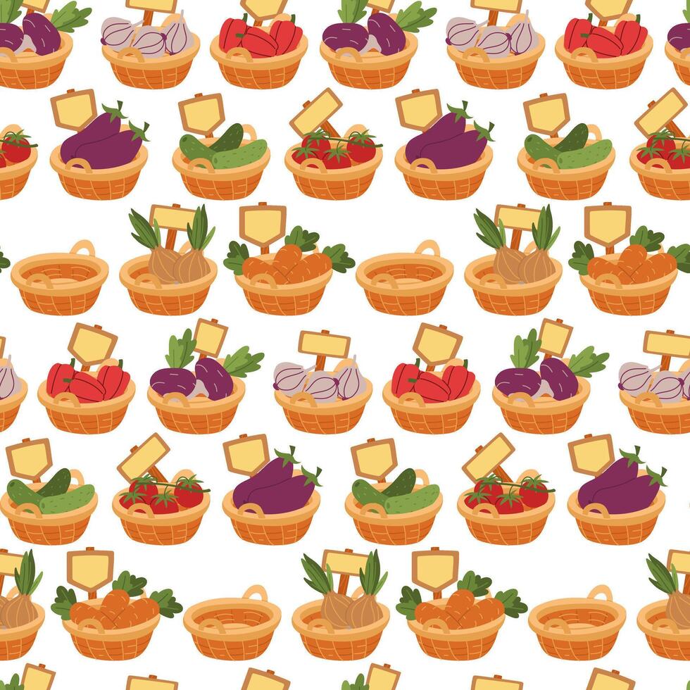 pattern of wicker baskets with various vegetables. The texture of flat color illustrations. Suitable for packaging, organic food advertising, cooking blogs, farm produce stores, and website design. vector