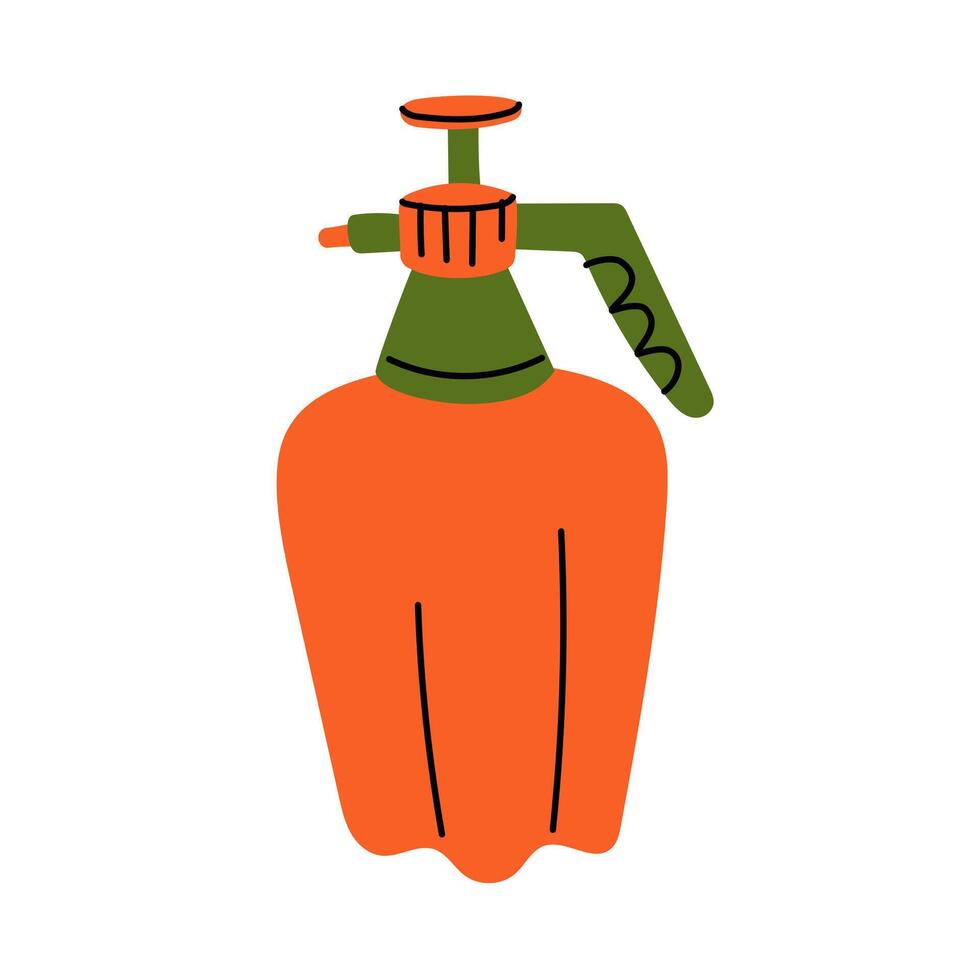 Plastic pump sprayer, insulated bright orange, green illustration. An item for watering crops. Gardening tools. Suitable ecology, garden, cleaning, household, packaging design, infographic materials vector
