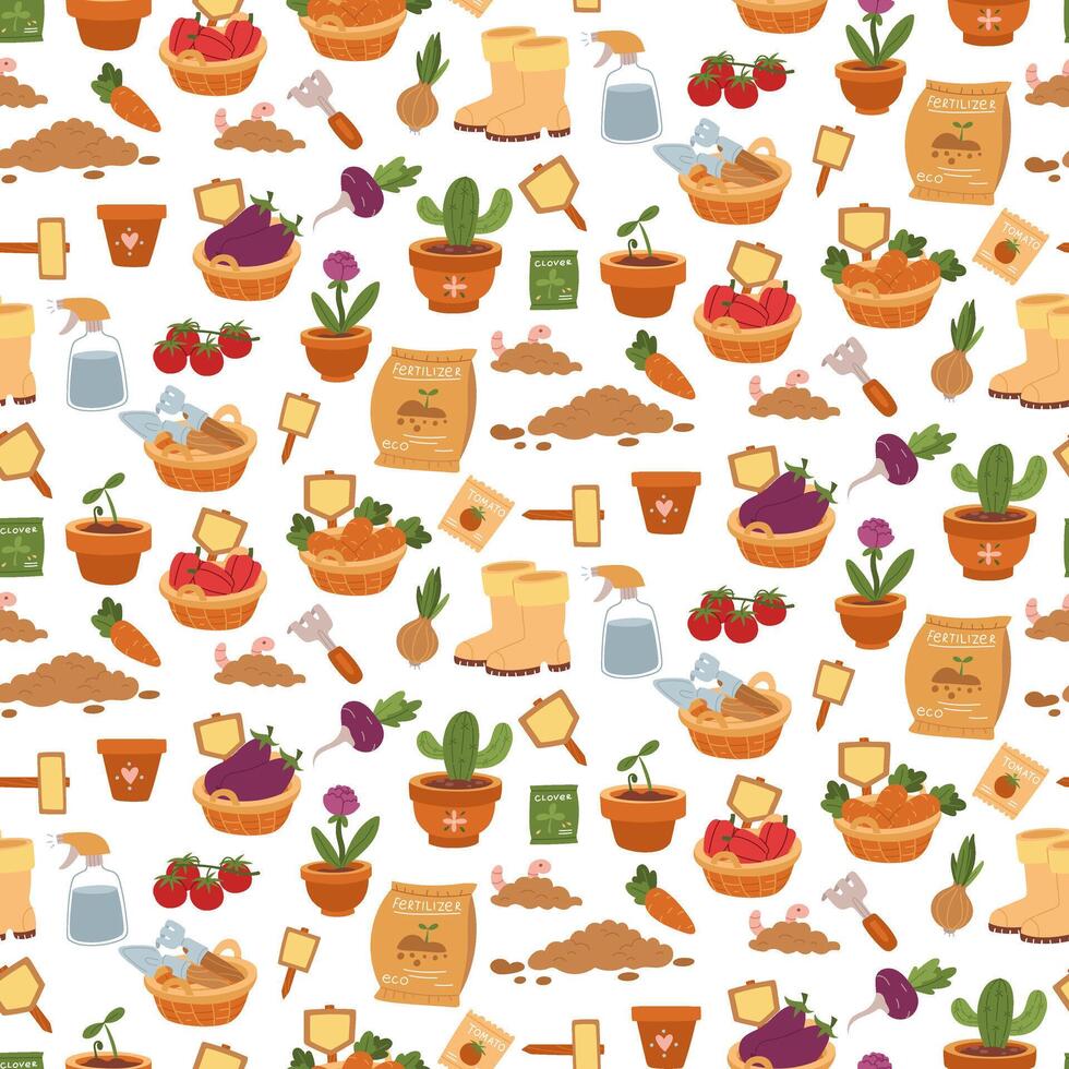pattern of flat color illustrations of garden planting. Dedicated to nature, sustainable growth and development. It is used in gardening blogs, environmental projects, and articles on agriculture. vector