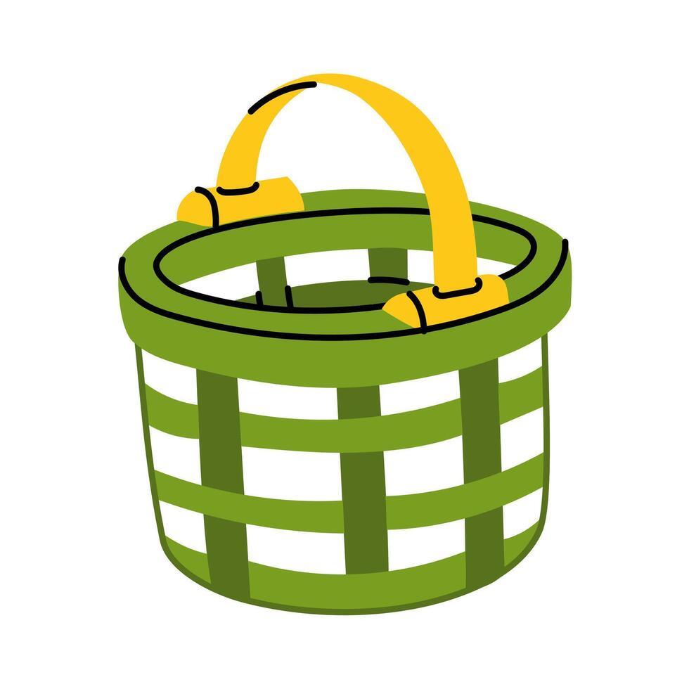 Plastic mesh basket, insulated green. An item for harvesting. Gardening tools. Suitable for ecology, gardening, cleaning, household, packaging design, instructions, educational, infographic materials vector