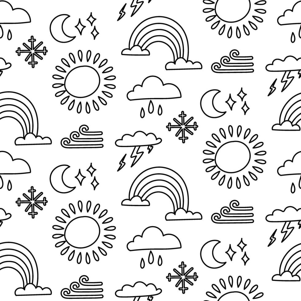 pattern of weather conditions sun, lightning, clouds, rain, rainbow, snowflakes, wind. Monochrome texture in form of doodles. Beautiful seasonal weather. Creates a cozy atmosphere. Suitable vector