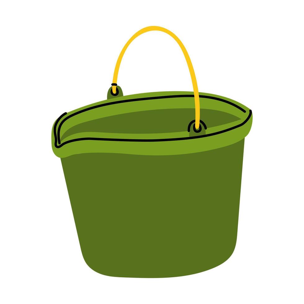 Insulated green plastic bucket with raised handle. Gardening tools. Suitable for ecology, gardening, cleaning, household, packaging design, instructions, educational and infographic materials. vector