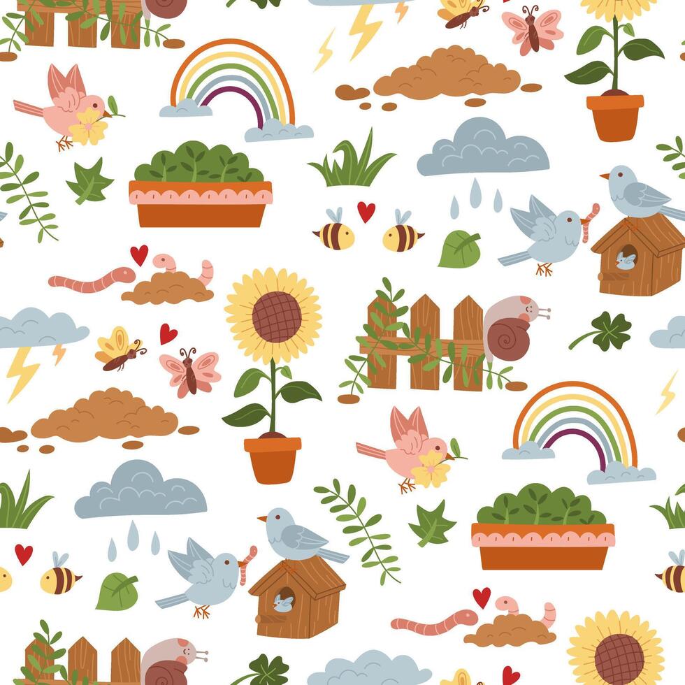pattern of flat color illustrations, spring weather. Spring blooming, devotion to nature, love for animals. Cute illustrations in texture. Seamless with natural motifs, environmental projects vector