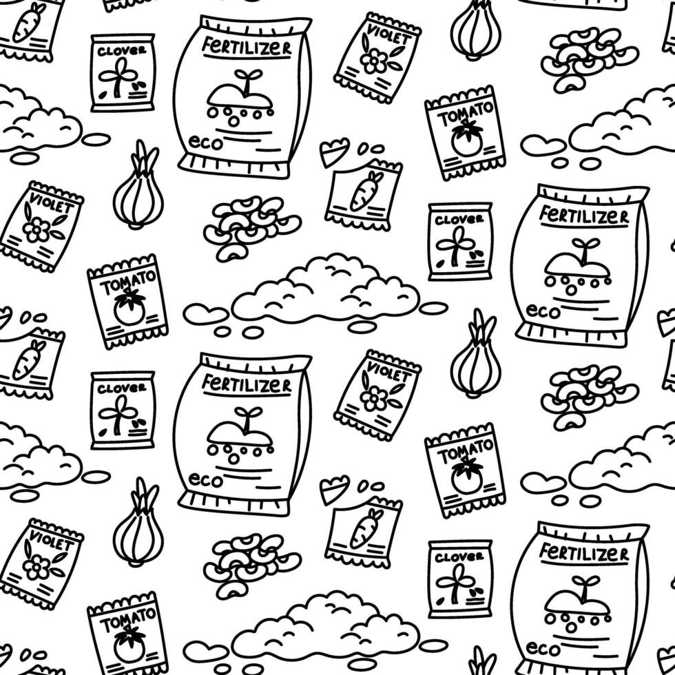 pattern of planting objects with soil, seeds, fertilizers, onions, beans. Monochrome texture in the form of doodles. It is suitable, decoration garden products, flower shops. it is planted in spring vector
