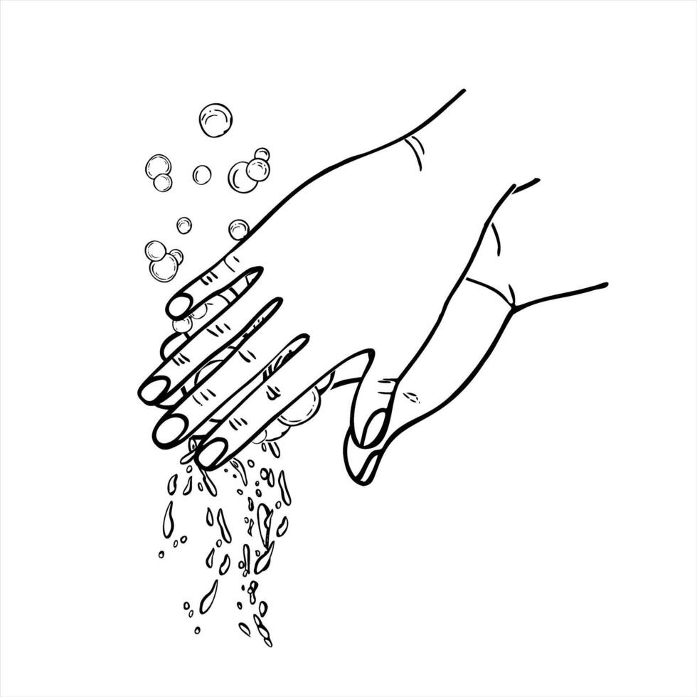 Proper handwashing technique with soap, rising bubbles and falling water drops monochrome illustration painted by black inks. For hygiene campaigns about sanitation and disease prevention vector