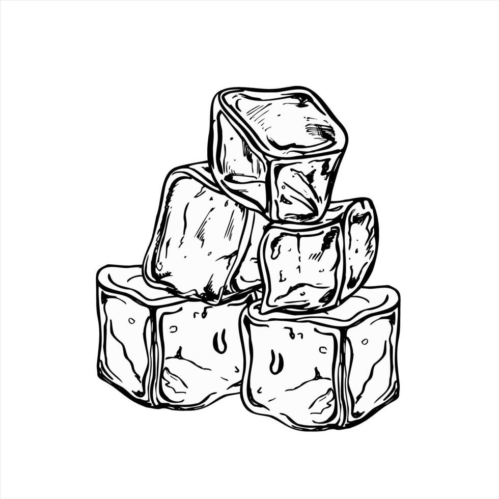 Melting ice cubes pile monochrome illustration painted by black inks. Crystal freezer brick graphic sketch for beverage branding, bar menus, science visuals, or abstract design projects vector