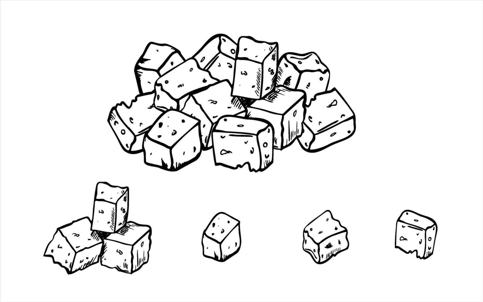 irregular, porous cheese chunks monochrome line art black ink sketch in linear style. Food ingredient heap illustration for gourmet food branding, cooking blogs, and culinary posters vector