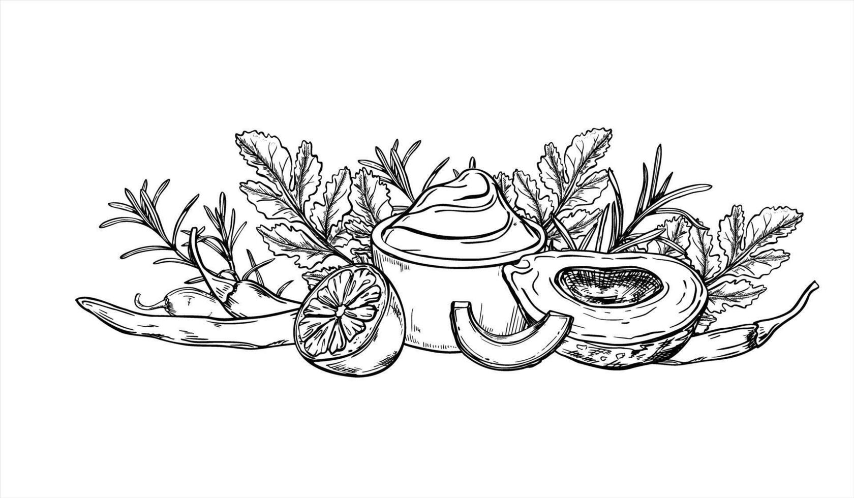 Salsa bowl with avocado slices, lemon, chili peppers, and fresh herbs line art black ink sketch. Vegetable and sauce illustration for Mexican or Mediterranean food branding, cookbooks vector