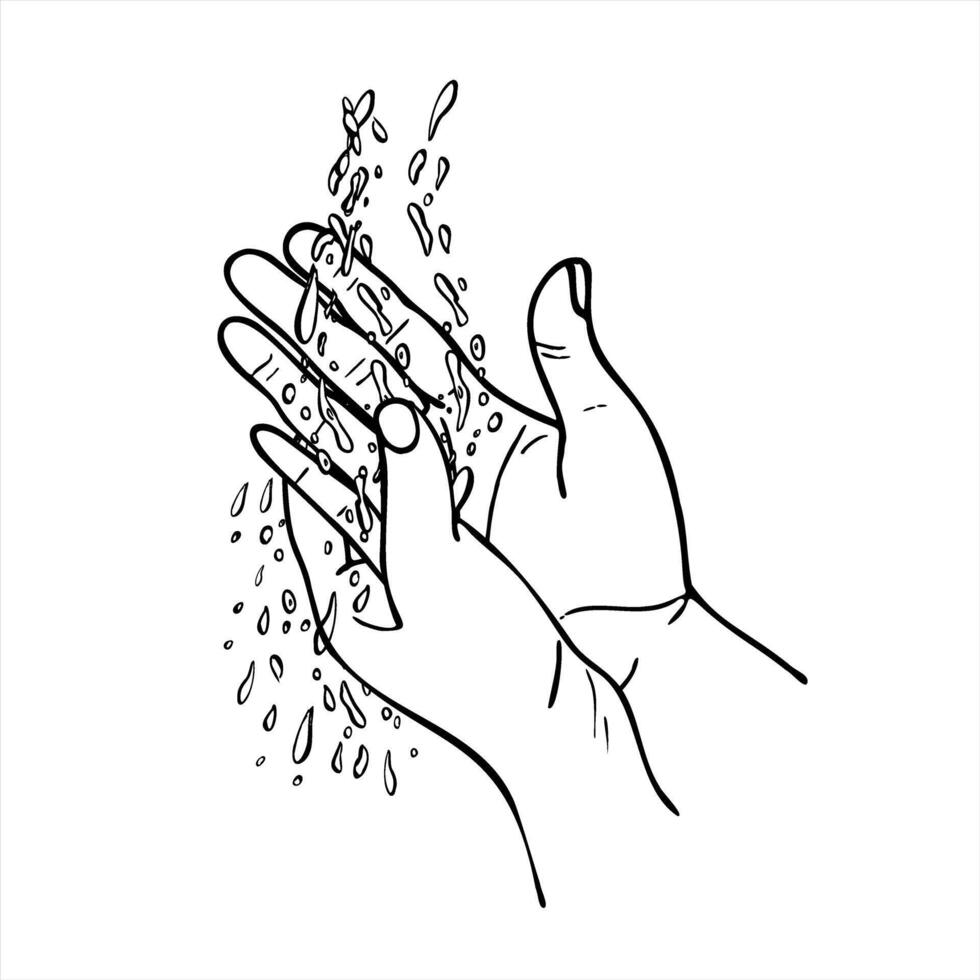 Hands being washed under flowing water monochrome illustration in linear style. For hygiene education materials, health awareness campaigns, bathroom decor, and step by step sanitation guides vector