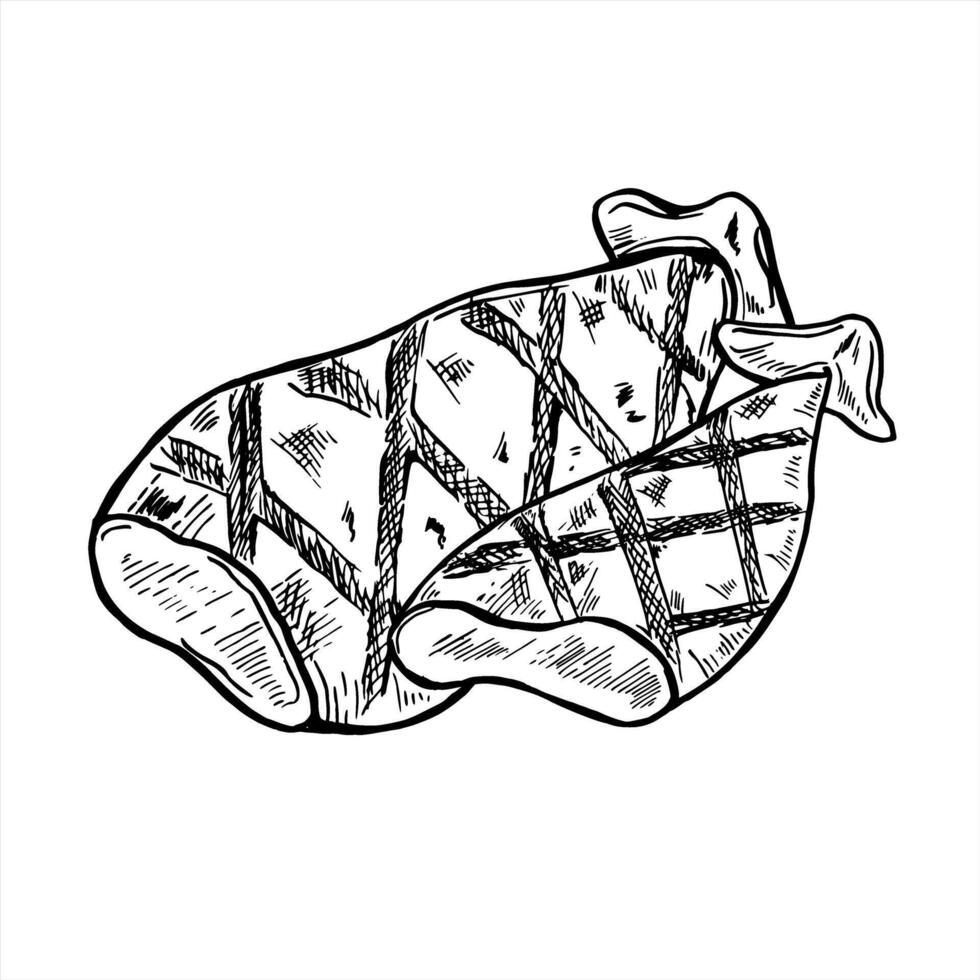 Monochrome two grilled squid carcasses illustration painted by black inks. Crispy calamari tubes BBQ seafood etching drawing. for restaurant menu, Mediterranean cuisine packaging vector