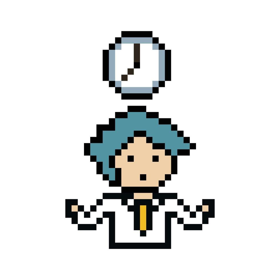 Pixel art design of male boy man and clock time management challange schedule cartoon decor. vector