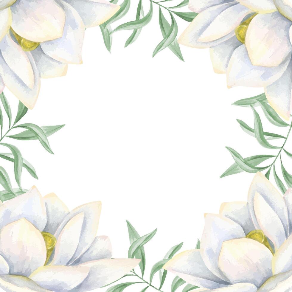 White lotus flowers and eucalyptus branches watercolor square frame with empty space for text. Water lilies and greenery. Floral blank invitation template for weddings, ceremonies, special event vector