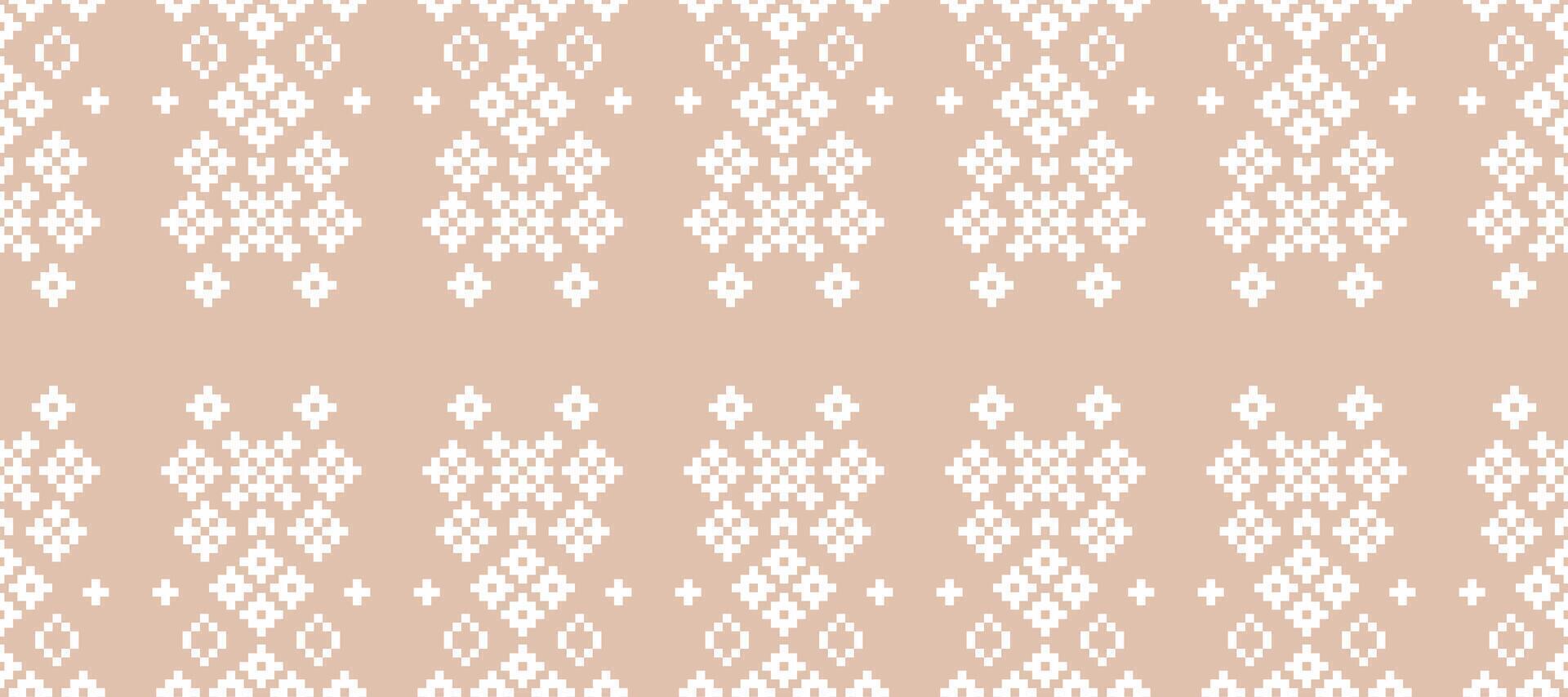 Fabric pattern cross stitch of ethnic pattern brown cream color background pixel art decor. vector