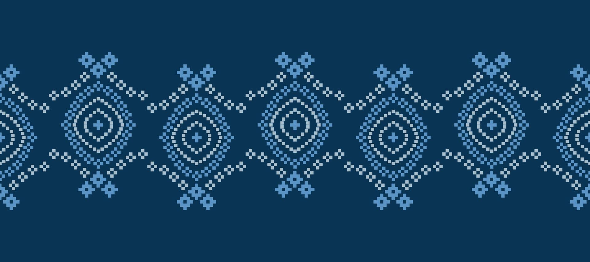 Design of cross stitch with blue color background ethnic fabric pattern. vector