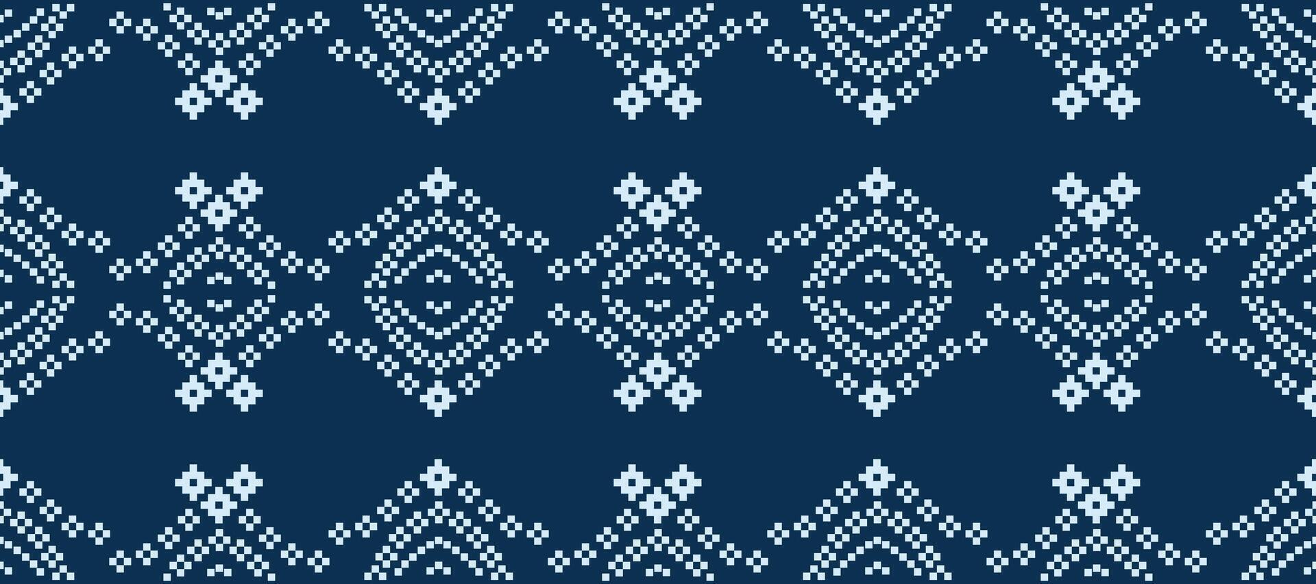Fabric design cross stitch with blue color background ethnic fabric pattern pixel art. vector