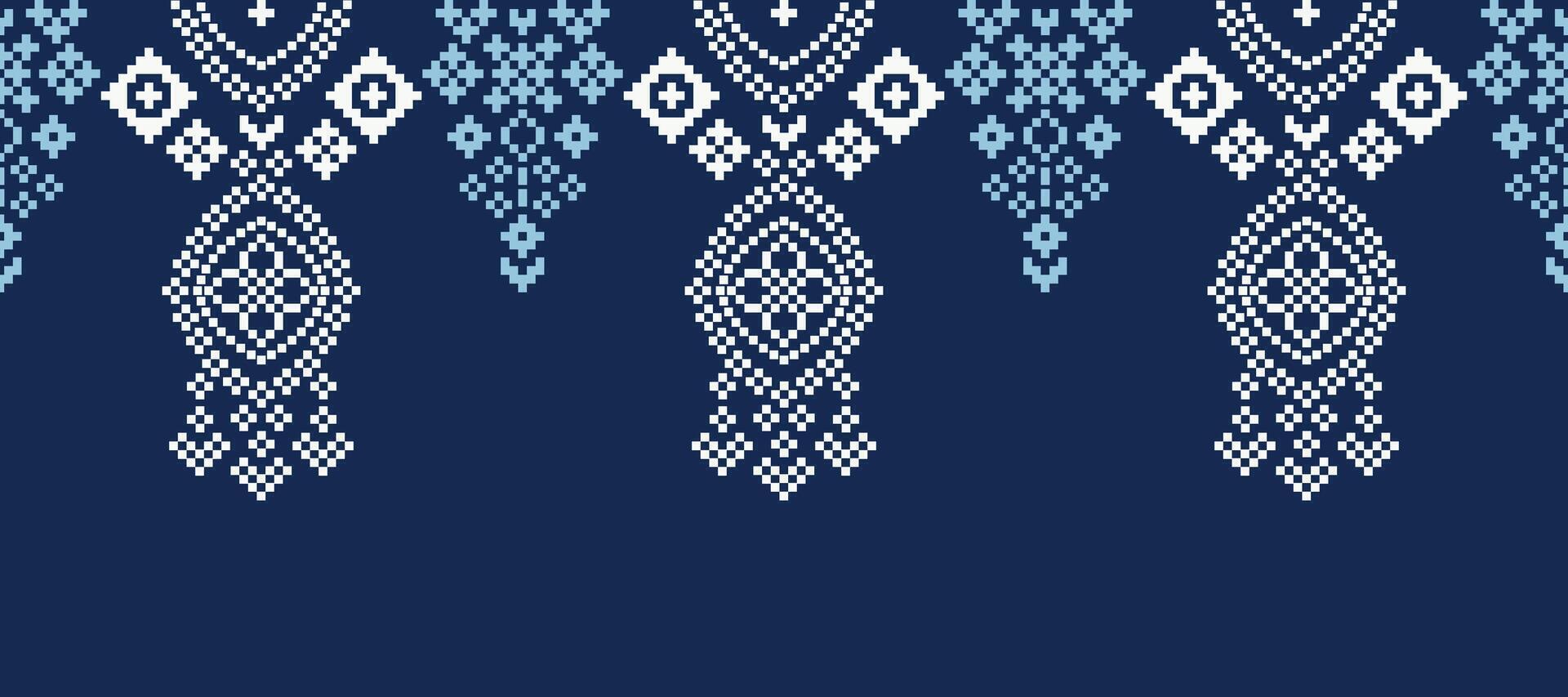 Ethnic design cross stitch with blue color background fabric pattern pixel decoration. vector