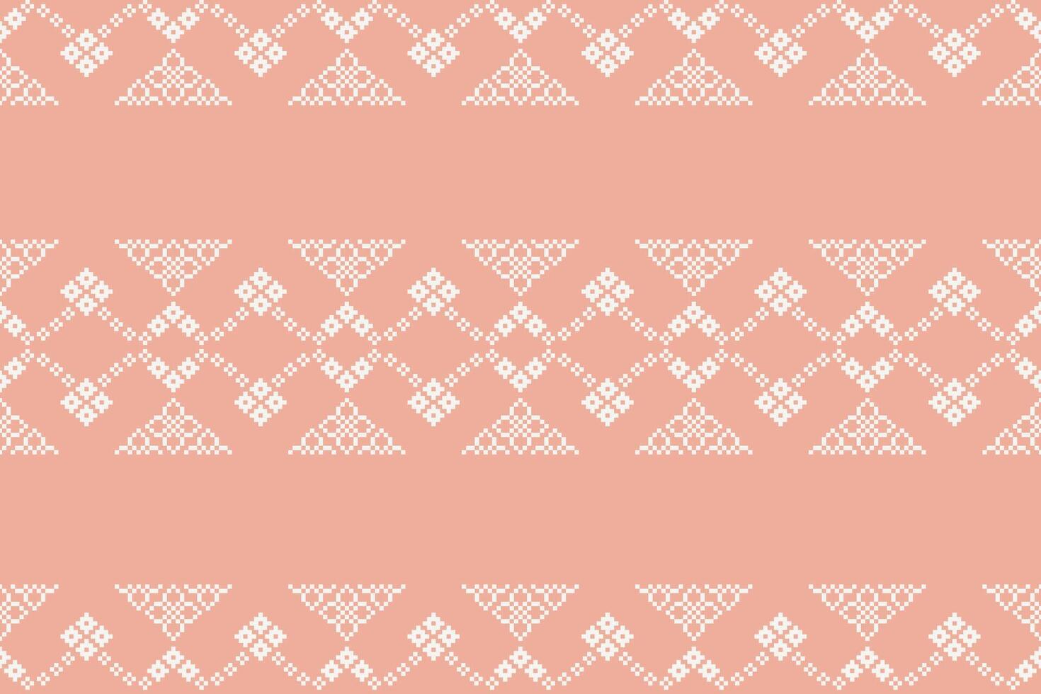 Pixel cross stitch design ethnic pattern motif with pink color background motif fabric. vector