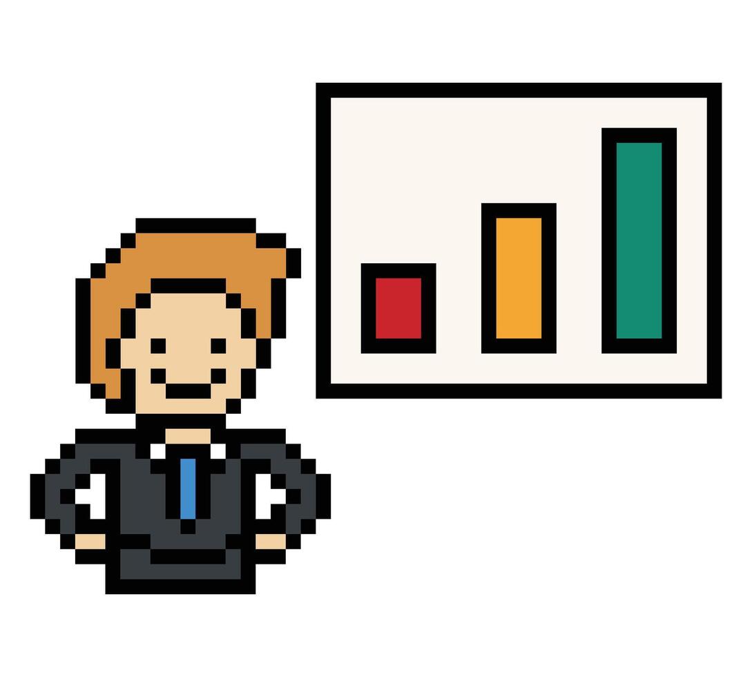 Character pixel of businessman business man male boy work graph 8 bit. vector