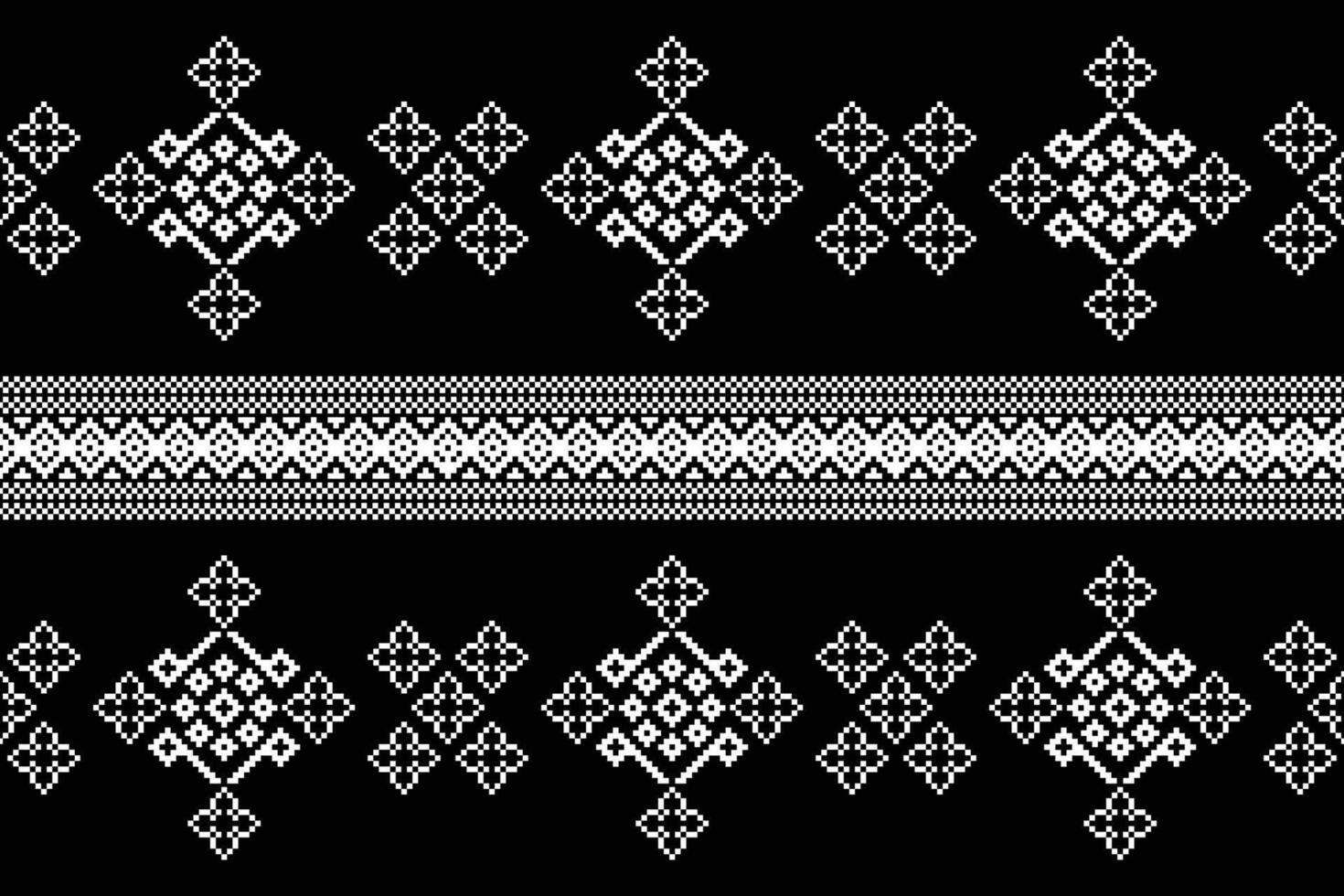 Cross stitch fabric design black color background pixel ethnic art. vector