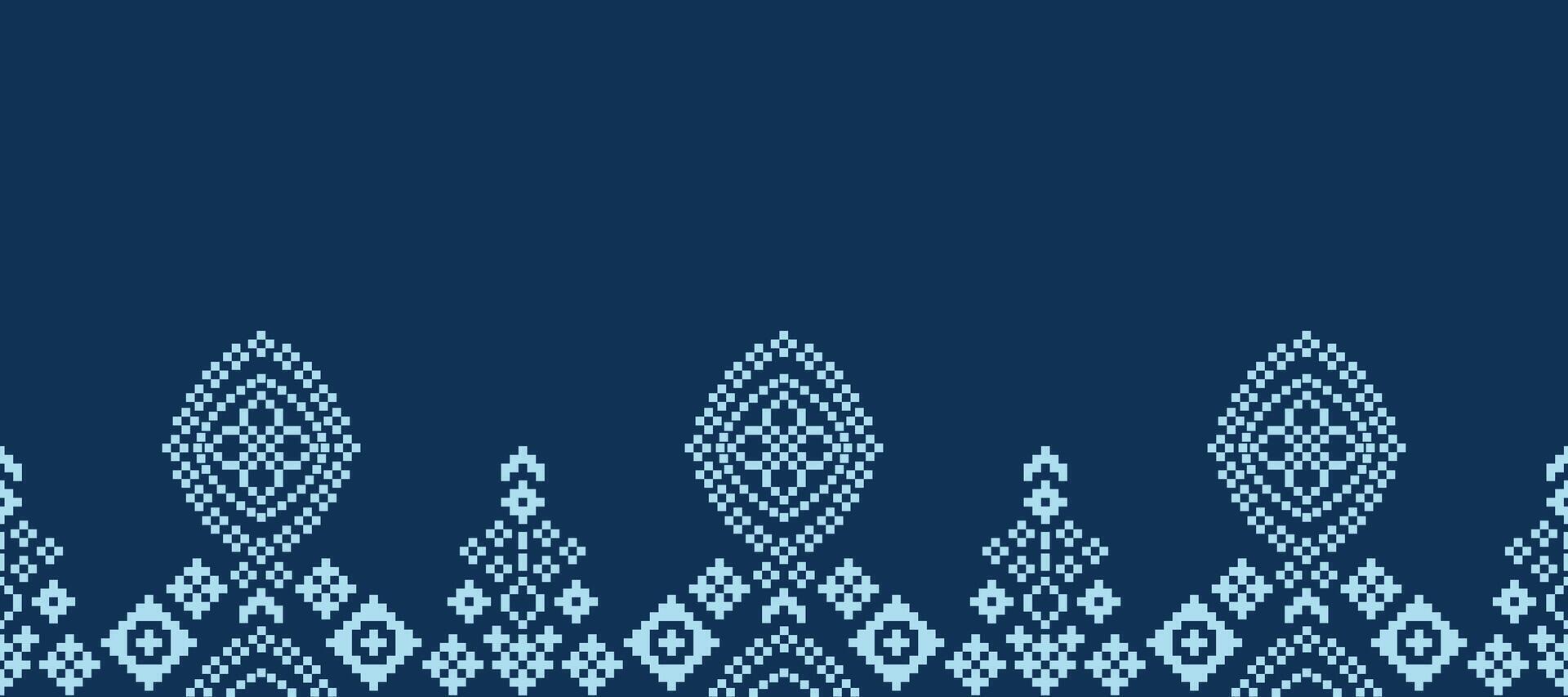 Decor ethnic cross stitch with blue color background fabric pattern pixel art design. vector