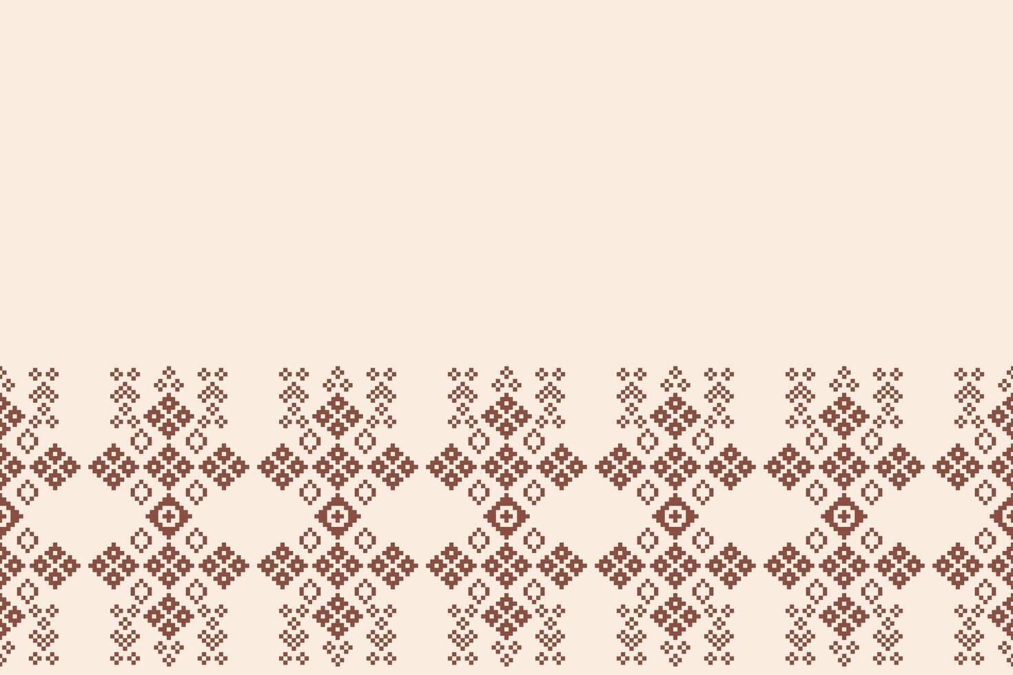 Fabric pattern with brown cream color background cross stitch ethnic pattern motif pixel. vector
