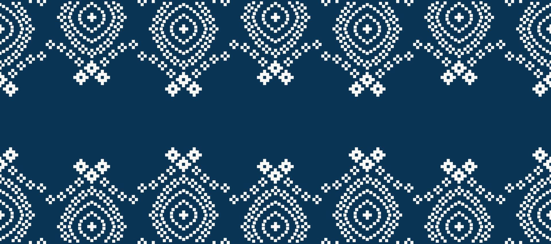 Cross stitch with blue color background ethnic fabric pattern decor. vector