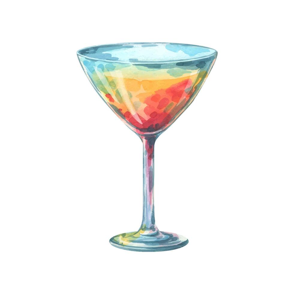 Watercolor illustration of a vibrant summer cocktail in a tall glass. Multicolored drink with gradient tones, perfect for bar menu design, tropical parties, mixology visuals, and beverage decor. vector