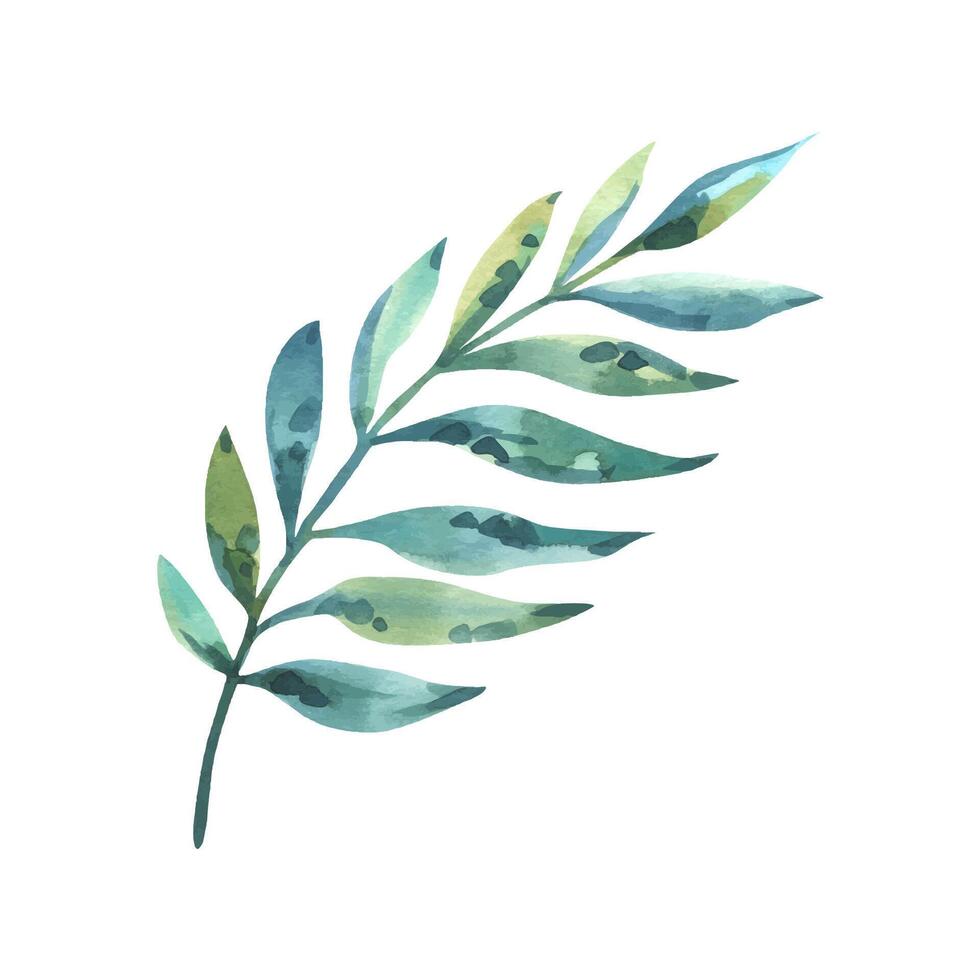 Vibrant watercolor tropical branch with lush leaves, hand-painted as bold silhouettes in juicy hues. Perfect for exotic designs, packaging, and botanical-themed projects. vector
