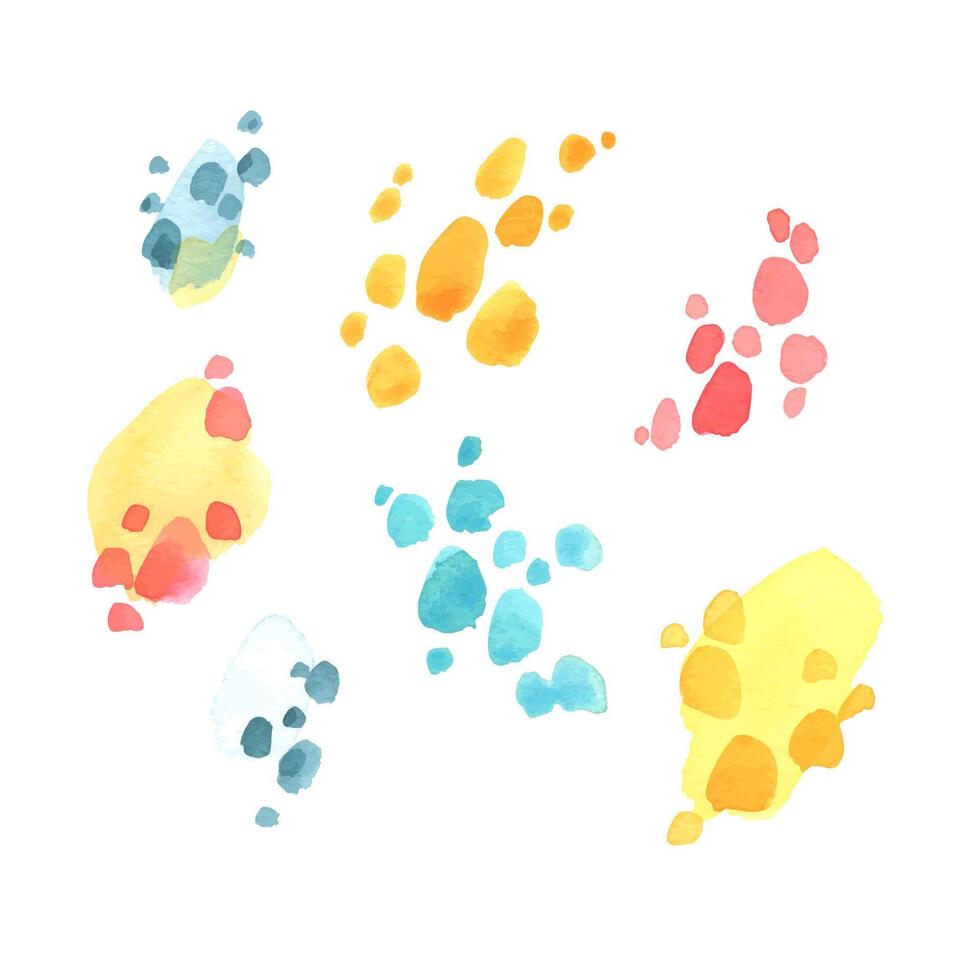 A watercolor set of isolated paint stains and brush strokes in yellow, red, and turquoise-blue shades. Ideal for creative designs, artistic compositions, backgrounds, and abstract natural-themed vector