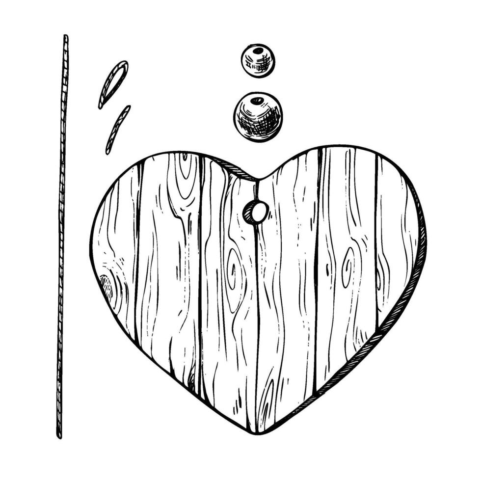 Wooden heart, hanging with a hole with a rope and beads. Graphic line art hand drawn ink black and white illustration clip art. A set of individual elements isolated vector