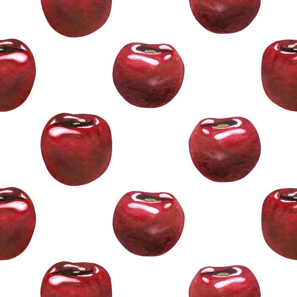 Red ripe cherries individual berries. Watercolor hand drawn illustration on the theme of fruits, food and desserts. Seamless pattern, ornament on a white background, infinitely repeating vector