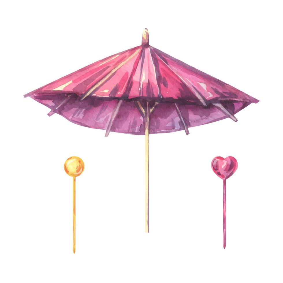 Watercolor illustration of cocktail accessories two decorative drink stirrers heart and sphere and a vibrant paper umbrella. Perfect for tropical party decor, summer beverages, and festive design use vector