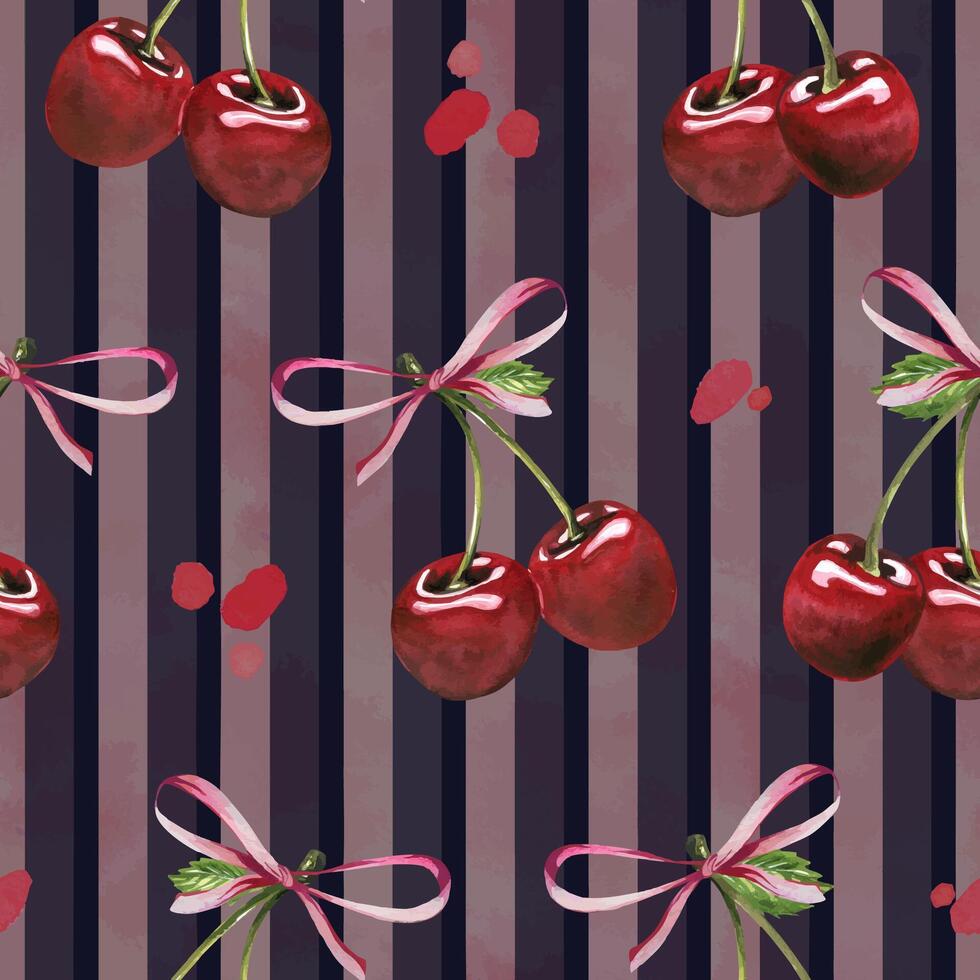 Red ripe cherries couple twins berries with bows. Watercolor hand drawn illustration on the theme of fruits, food and desserts. Seamless pattern, ornament on a dark blue background with pink stripes vector