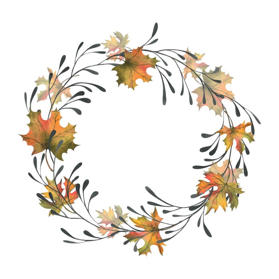 Autumn maple leaves are orange with graceful black branches. Hand drawn watercolor illustration. Round wreath, frame, template for text isolated from background Thanksgiving, Harvest, Halloween vector