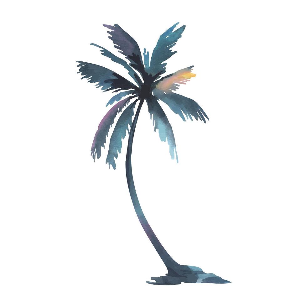 Vibrant watercolor palm tree silhouette hand painted in lush tropical tones. Perfect for travel designs, beach branding, and summer-themed projects as a standalone element. vector