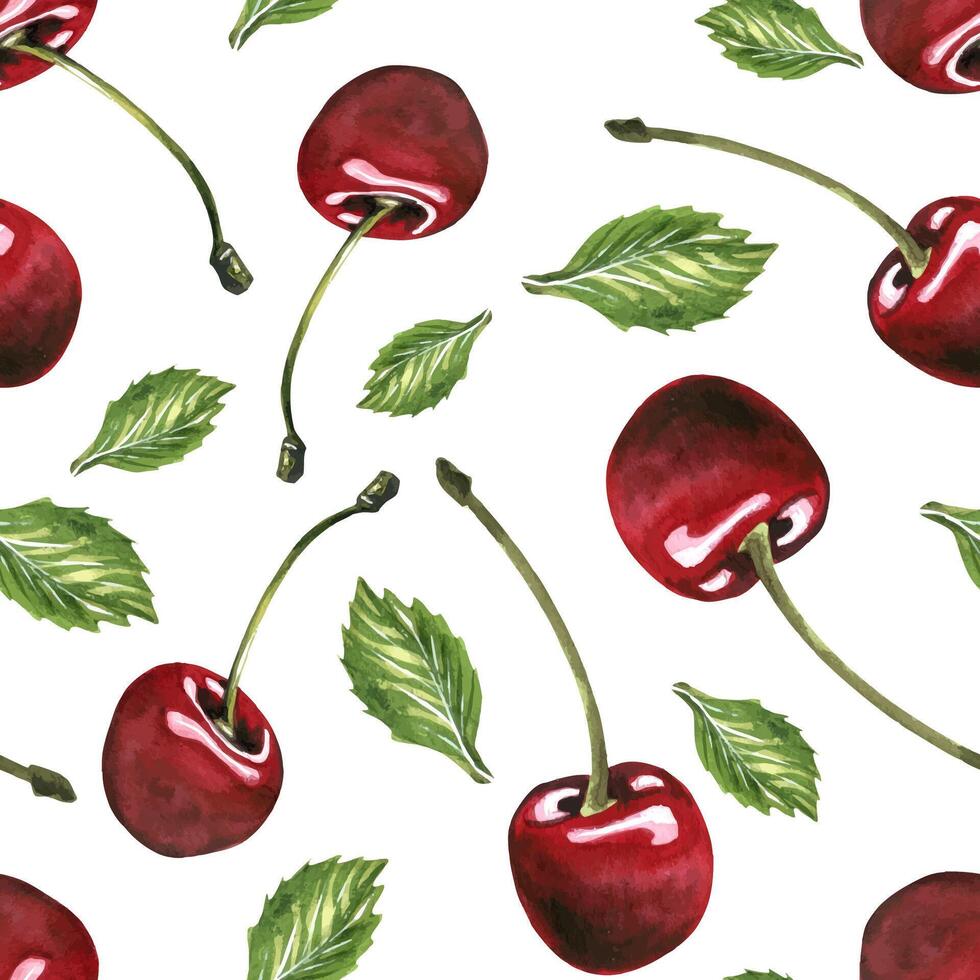 Red ripe cherries individual berries with stems, green leaves. Watercolor hand drawn illustration on the theme of fruits, food and desserts. Seamless pattern, ornament on a white background vector