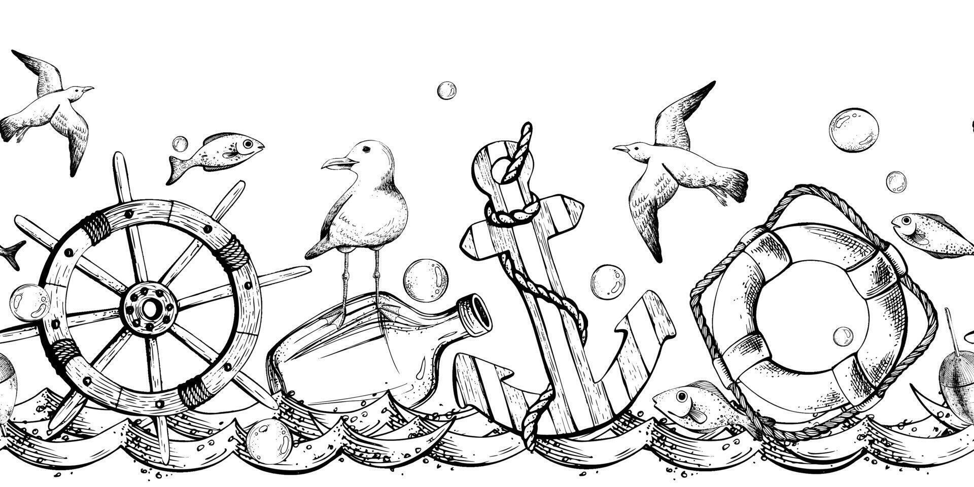 Ship steering wheel, lifebuoy, striped anchor, bottle of rum with seagull, flying seagulls, fish, fishing float, bubbles floating on water. Hand drawn watercolor illustration. Seamless border pattern. vector