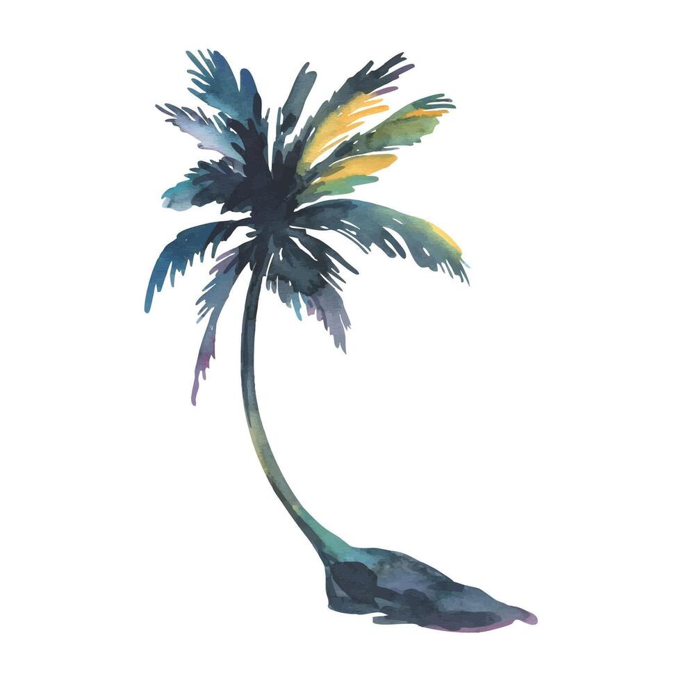 Vibrant watercolor palm tree silhouette hand-painted in lush tropical tones. Perfect for travel designs, beach branding, and summer-themed projects as a standalone element. vector