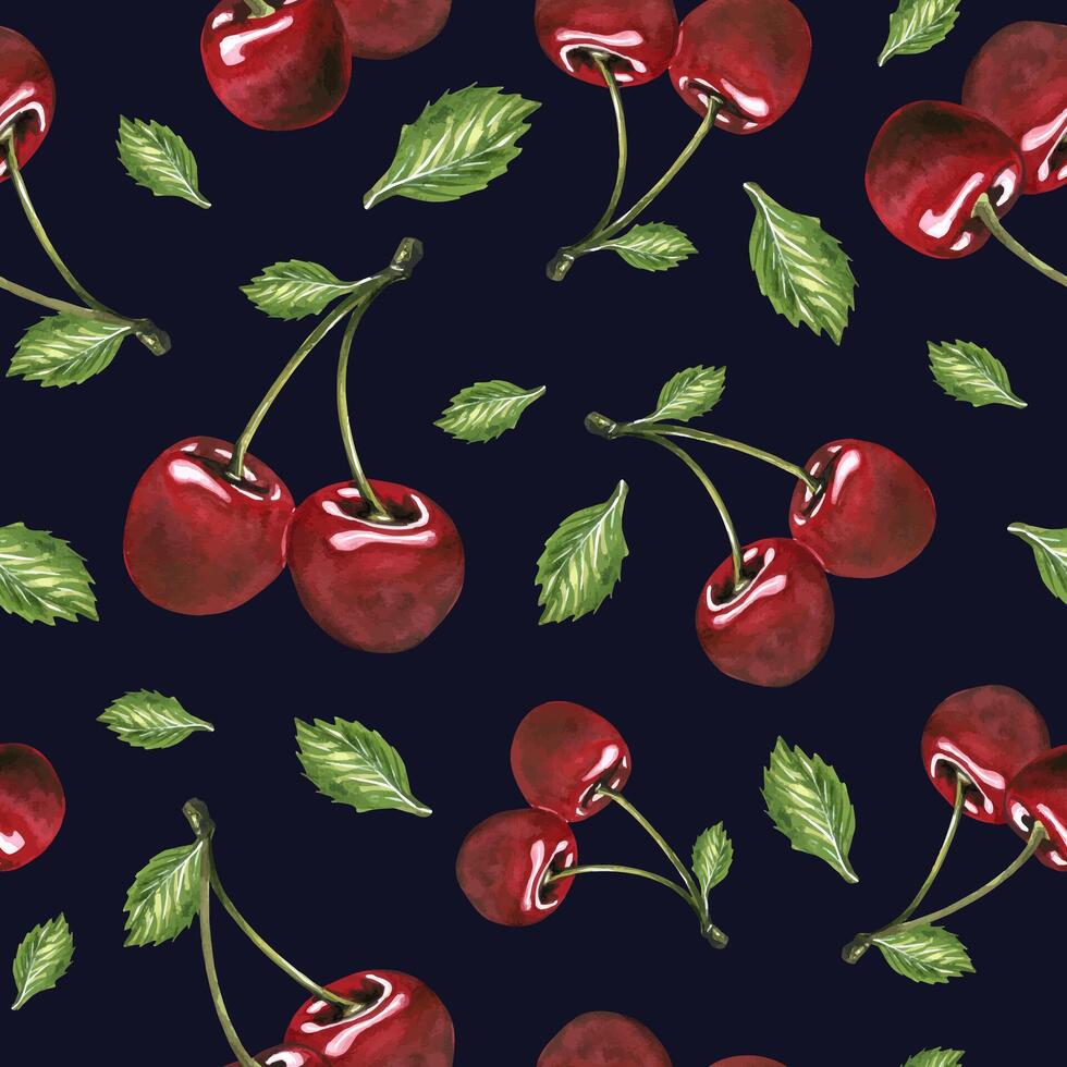 Red ripe cherries couple twins berries with green leaves. Watercolor hand drawn illustration on the theme of fruits, food and desserts. Seamless pattern, ornament on a dark blue background vector
