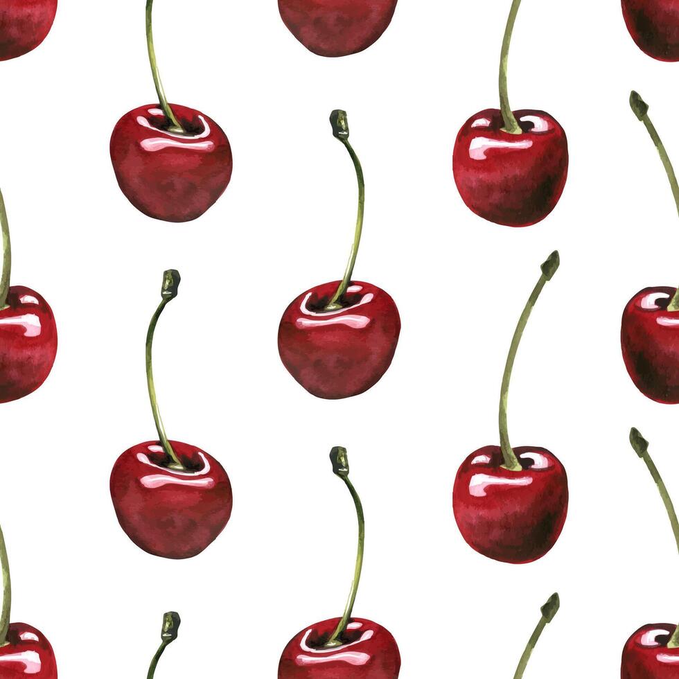Red ripe cherries individual berries with stems. Watercolor hand drawn illustration on the theme of fruits, food and desserts. Seamless pattern, ornament on a white background, infinitely repeating vector