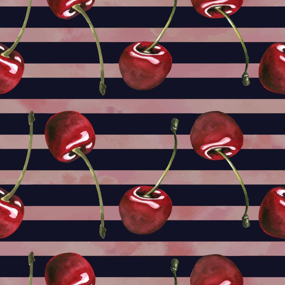 Red ripe cherries individual berries with stems. Watercolor hand drawn illustration on the theme of fruits, food and desserts. Seamless pattern, ornament on a white background with pink stripes vector