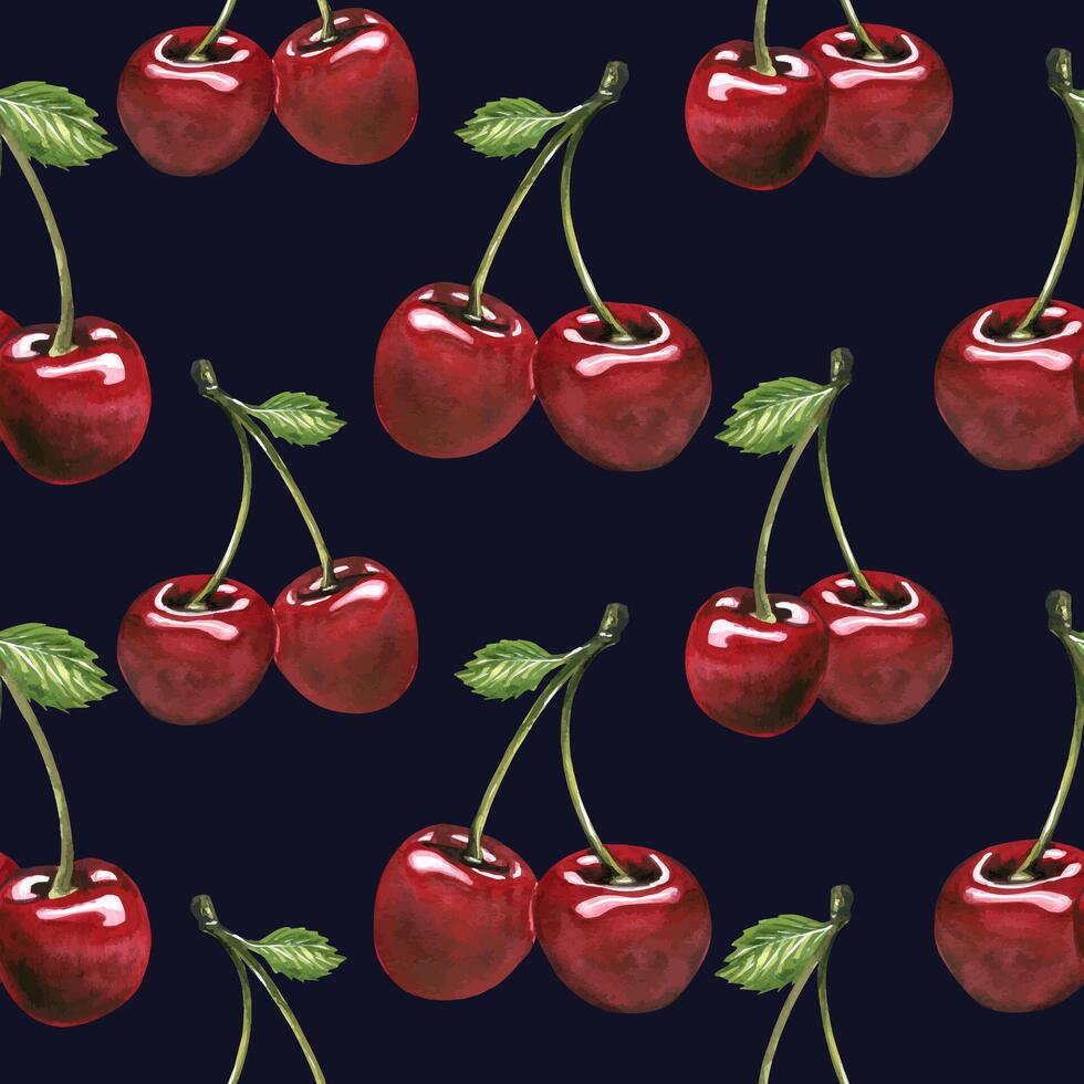 Red ripe cherries couple twins berries. Watercolor hand drawn illustration on the theme of fruits, food and desserts. Seamless pattern, ornament on a dark blue background, infinitely repeating vector